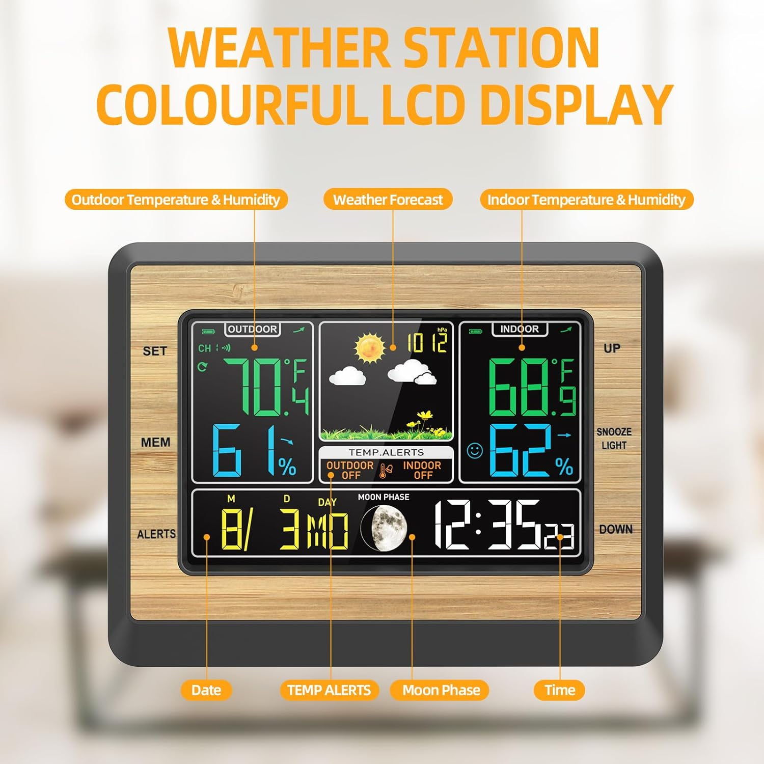 Wetterstation zeigt Außen-/Innentemperatur/Luftfeuchtigkeit, Wettervorhersage, Datum, Mondphase und Uhrzeit. LCD-Bildschirm mit Holzrahmen.