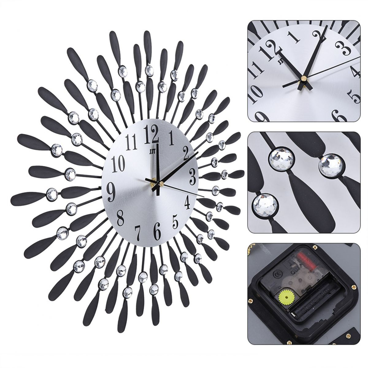 Eine silberne Uhr mit schwarzen Akzenten und klaren Edelsteinen. Sie hat ein Sonnenstrahl-Design. Detaillierte Ansichten zeigen das Zifferblatt und den Mechanismus.
