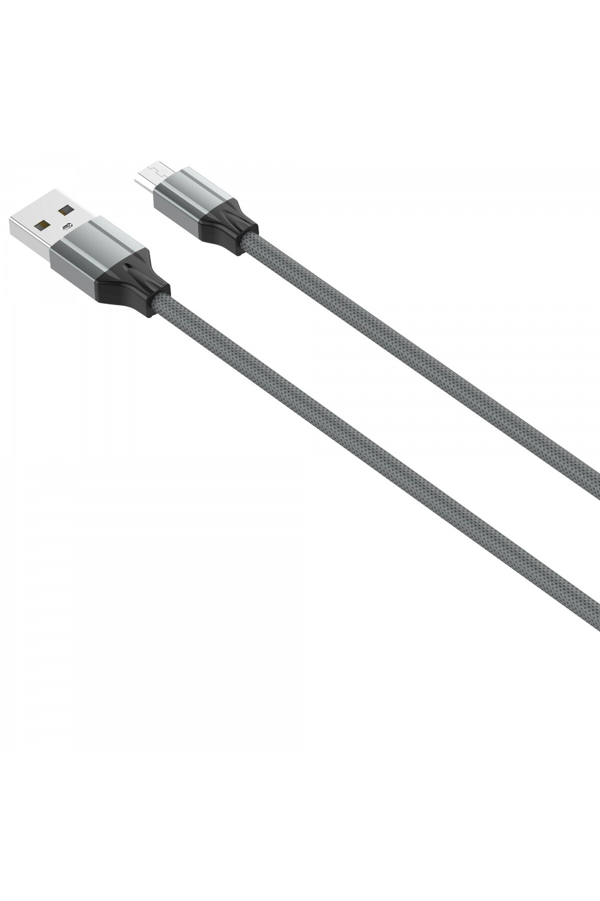 Beyaz zemin üzerinde gümüş renkli konektörlere sahip iki gri USB kablosu. Biri USB-A, diğeri micro-USB.
