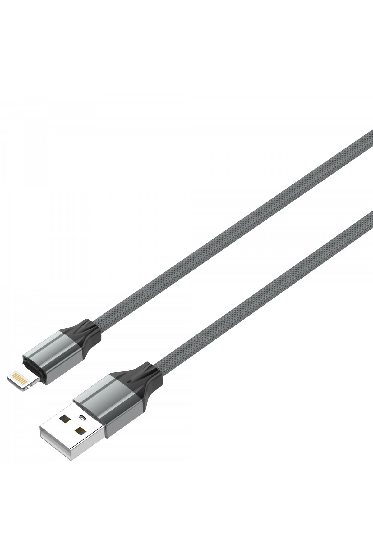Beyaz zemin üzerinde, yıldırım konnektörlü ve USB konnektörlü gri bir USB şarj kablosu.