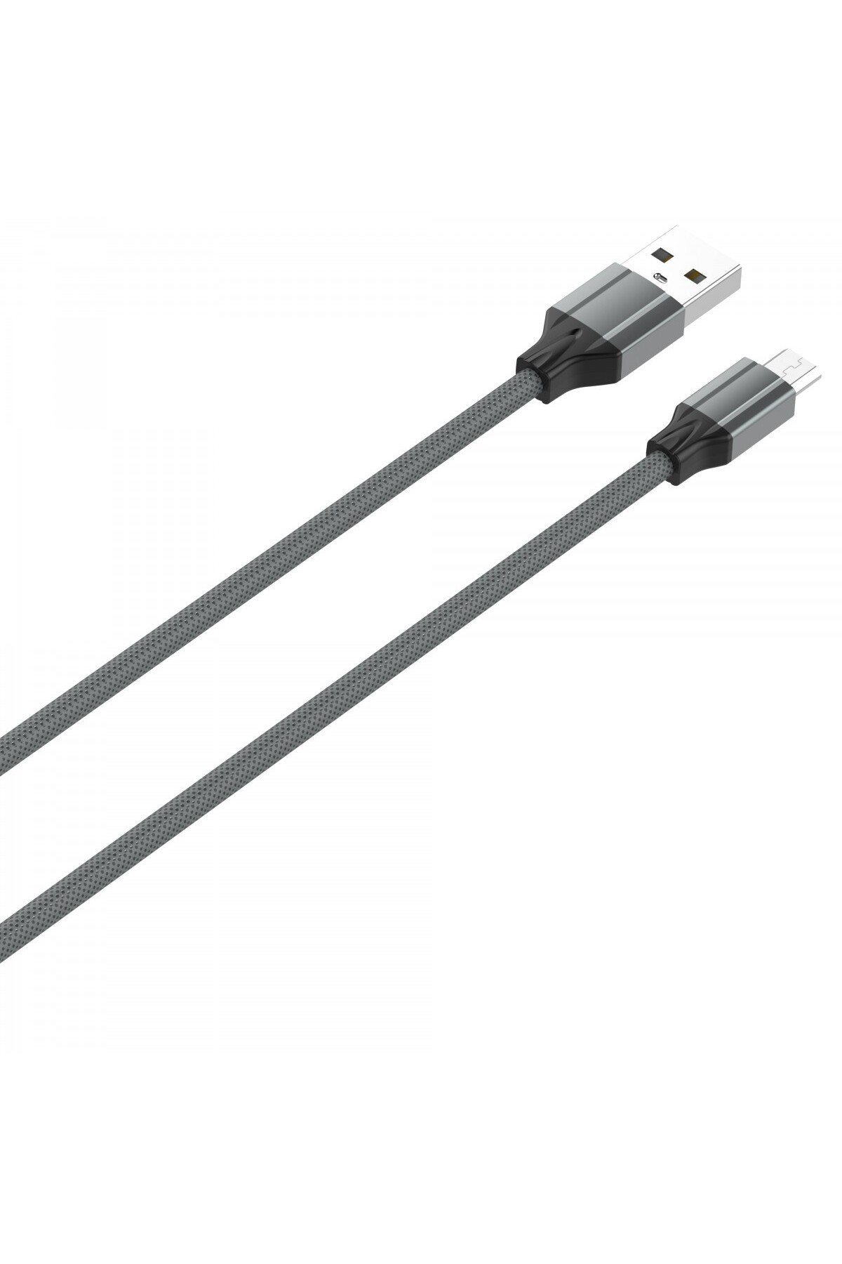 Beyaz zemin üzerinde gri örgülü kablo ve gümüş konektörlere sahip bir USB şarj kablosu.