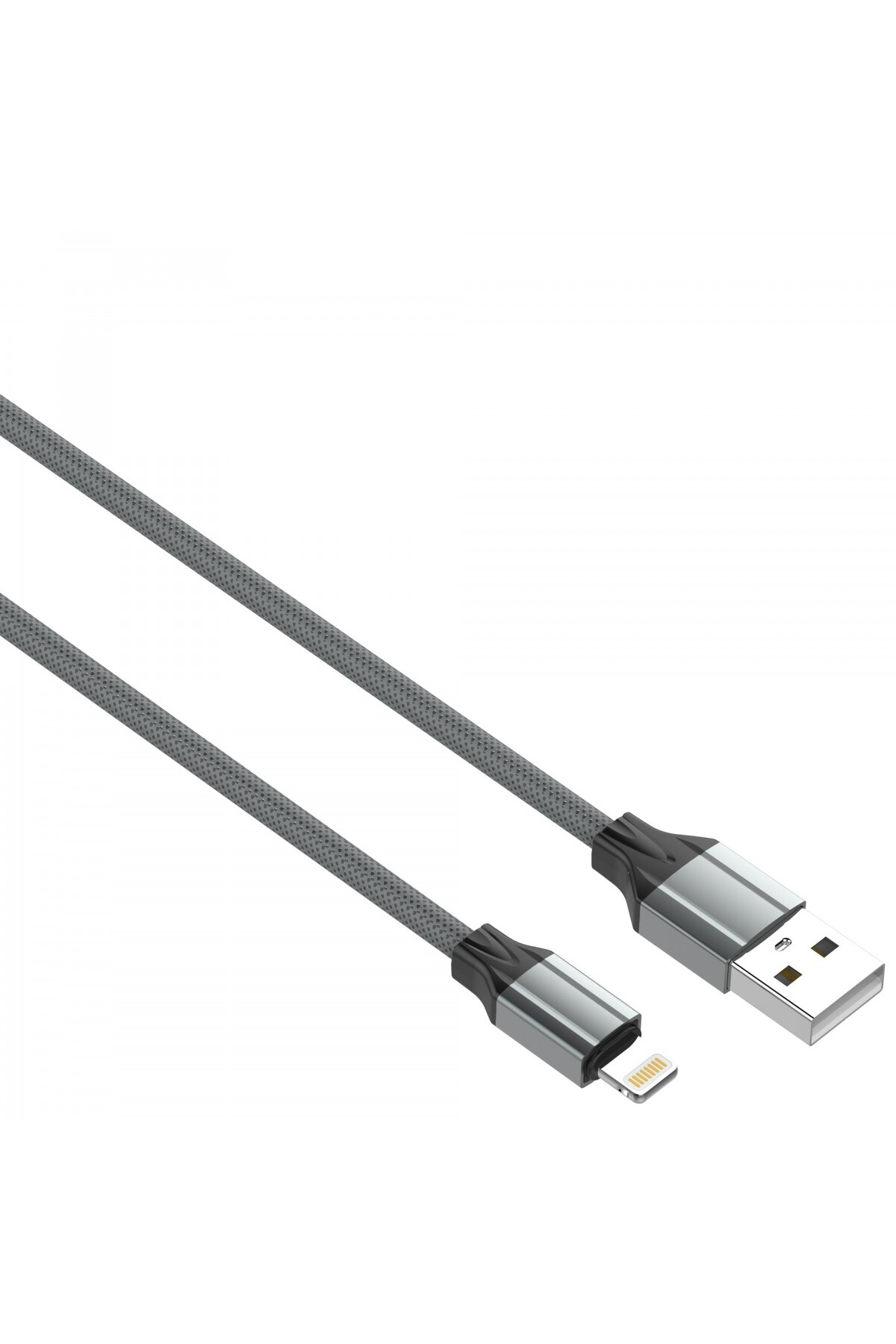 Beyaz bir arka plan üzerinde, USB-A konektörlü ve Lightning konektörlü gri örgülü bir USB kablosu.