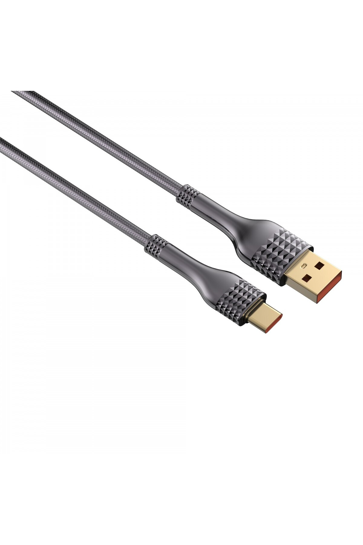 Gri örgülü kablolu ve siyah konektörlü bir USB kablosu. Bir ucu USB-A, diğeri USB-C'dir. Arka plan beyazdır.