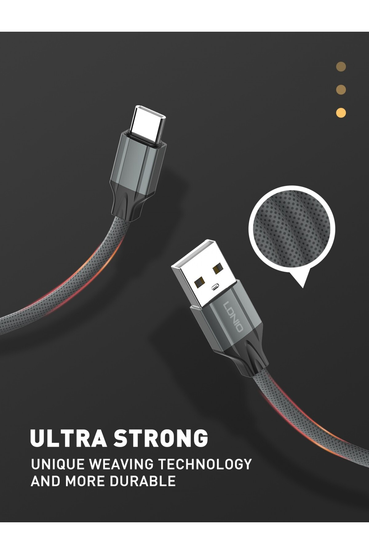 Görselde, koyu gri bir arka plan üzerinde beyaz konektörlü iki gri USB kablosu, biri USB-A ve diğeri USB-C görülüyor. Metin 'Ultra Strong' yazıyor.