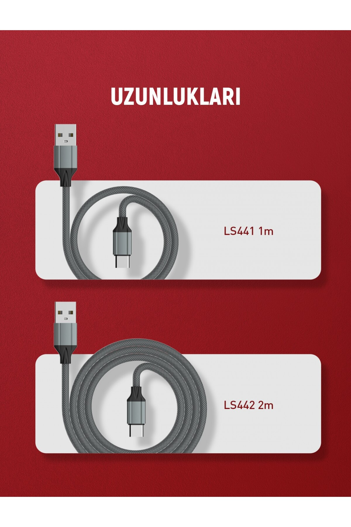 Görselde, uzunlukları belirten beyaz dikdörtgen etiketlerle iki gri USB kablosu gösterilmektedir: 1m ve 2m. Kırmızı arka plan, Türkçe metin.