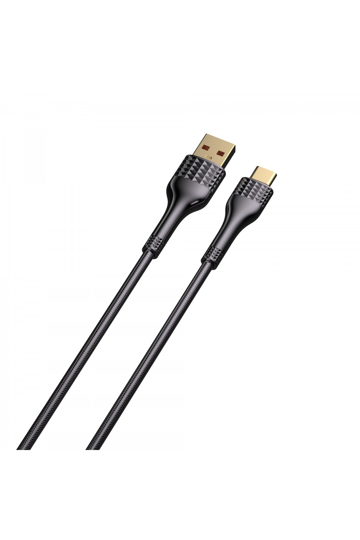 Beyaz zemin üzerinde iki siyah USB kablosu. Biri USB-A, diğeri USB-C. Her ikisi de dokulu konektörlere ve örgülü kablolara sahip.