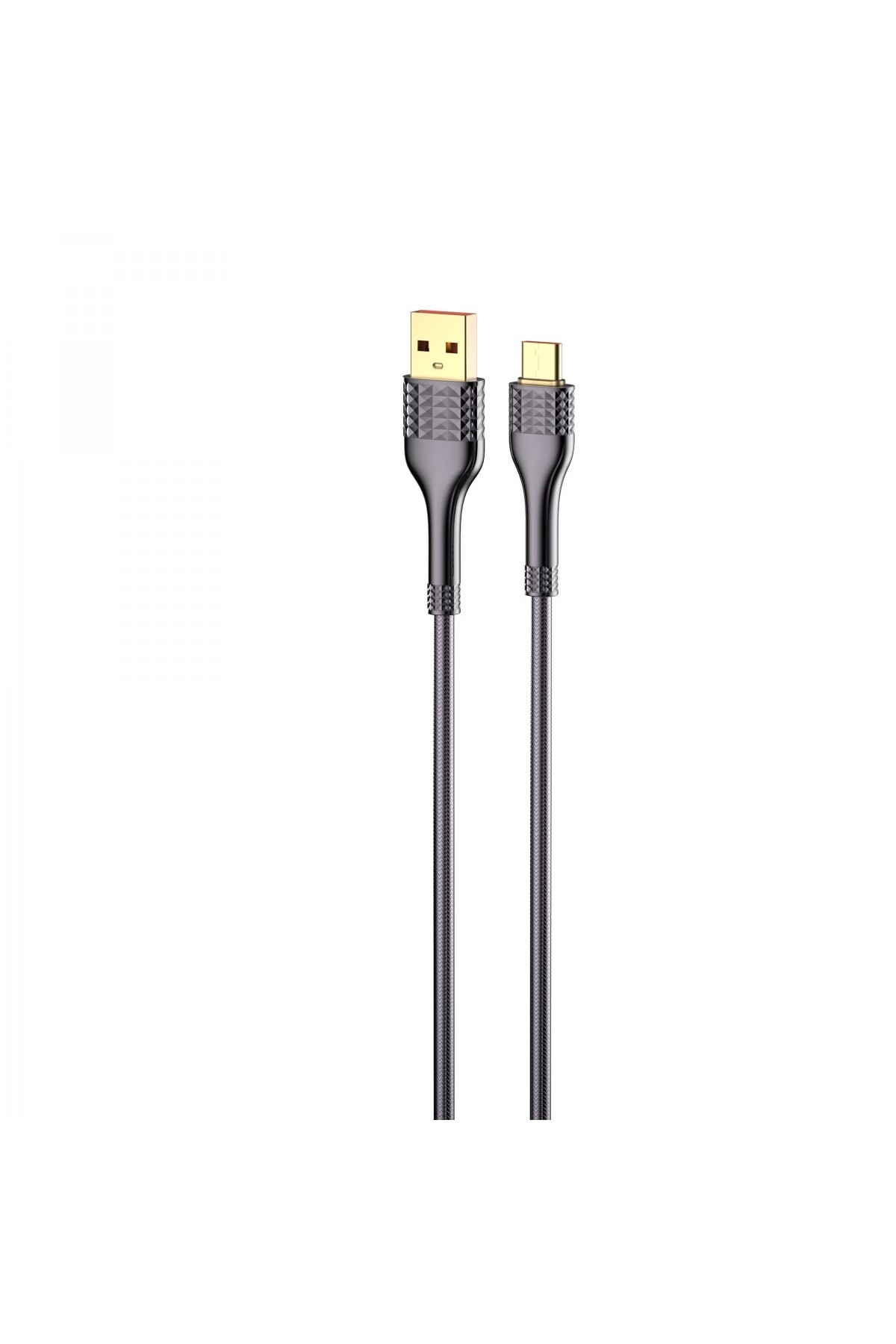 Altın konektörlü siyah bir USB kablosu. Kablo, beyaz bir arka plan üzerinde ortalanmıştır.