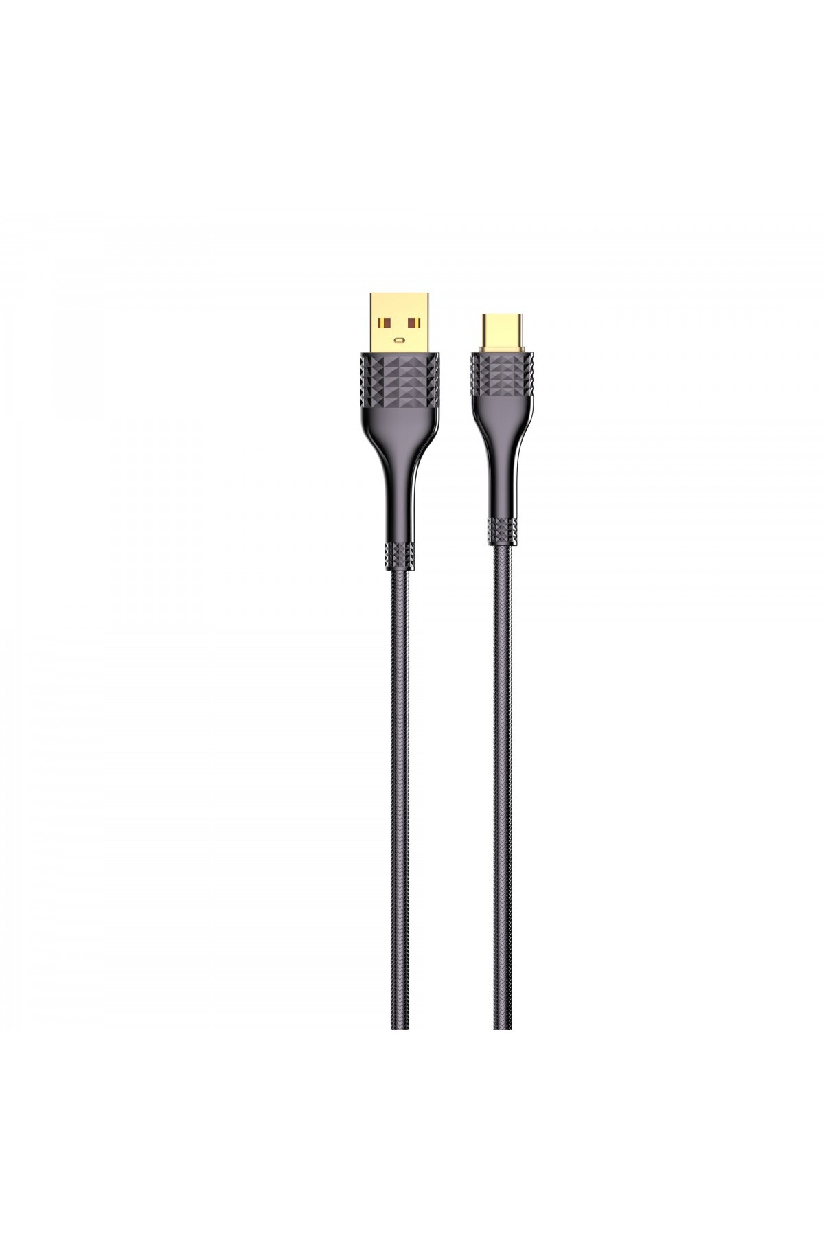 Beyaz zemin üzerinde USB-A - USB-C şarj kablosu. Altın konektörler ve koyu gri kablo.