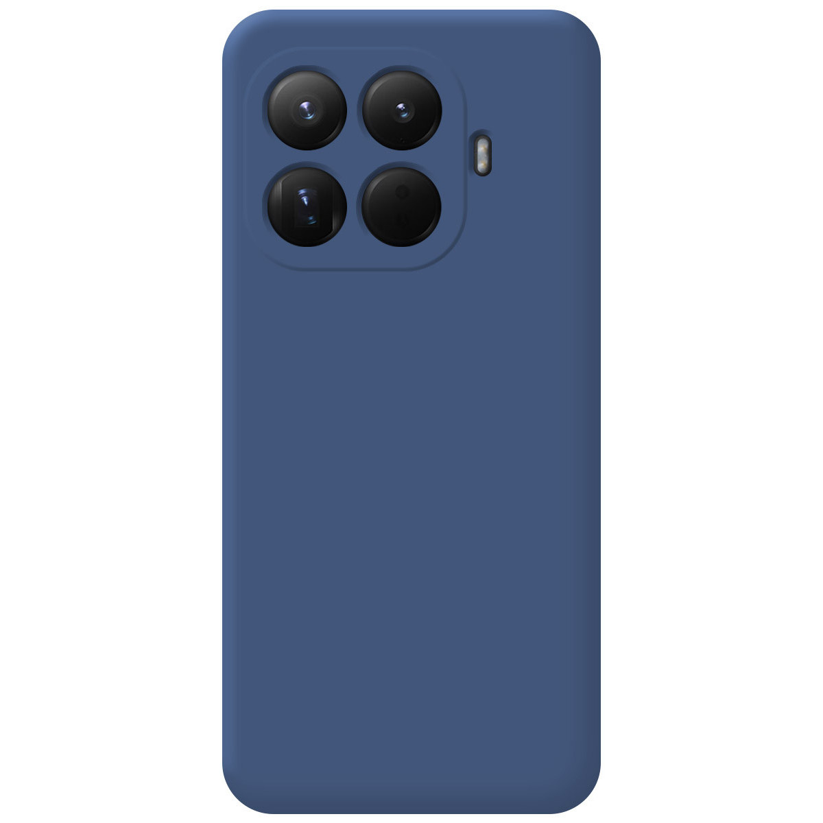 Una custodia blu navy con quattro obiettivi della fotocamera e un flash. La custodia è liscia e ha angoli arrotondati.