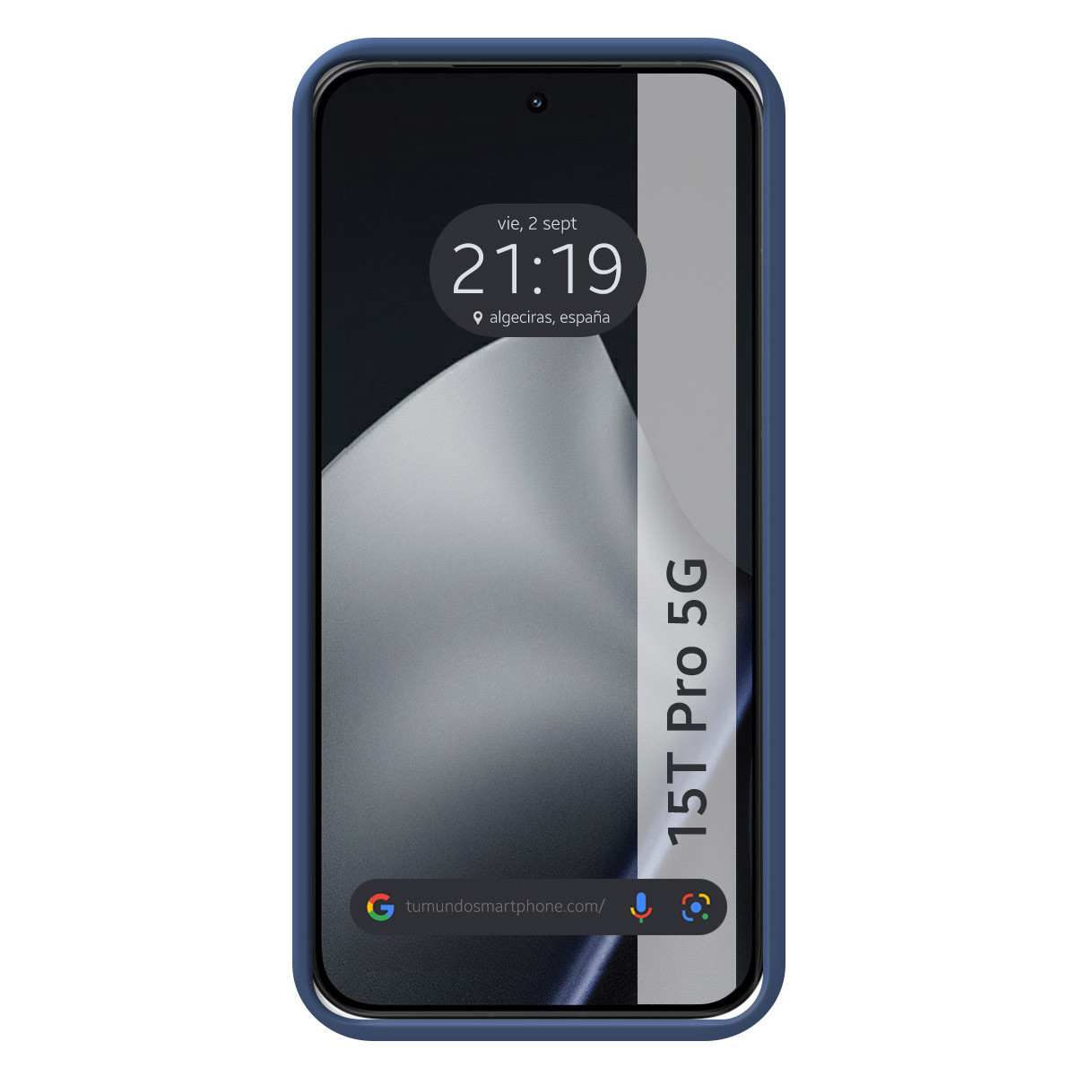 Uno smartphone con custodia blu mostra ora, data e la scritta '15T Pro 5G'. Lo schermo mostra un indirizzo web.