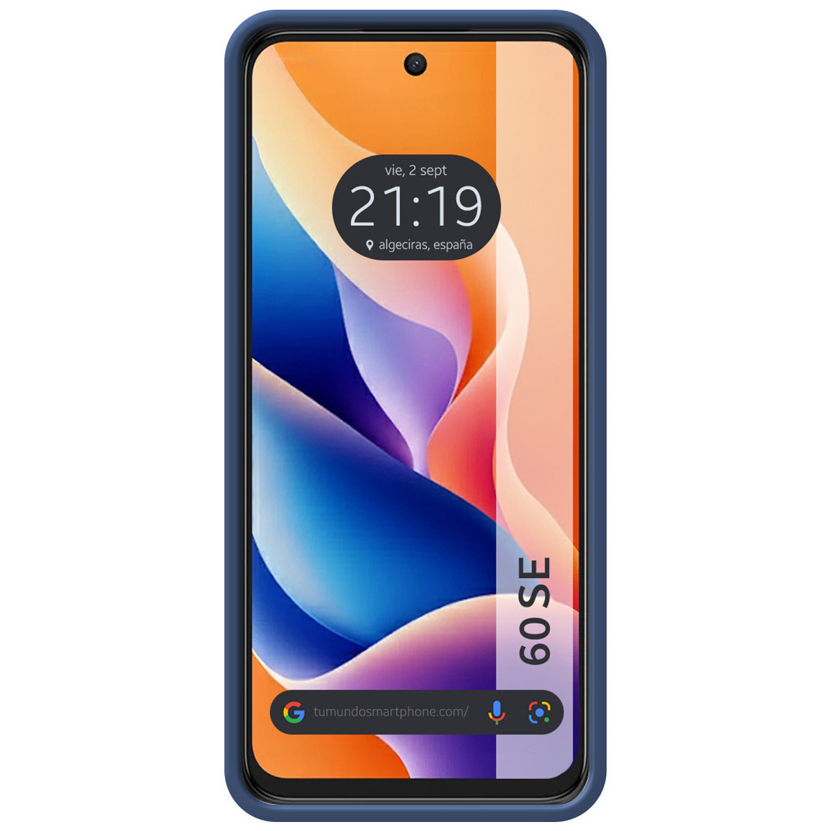 Lo schermo dello smartphone mostra ora, data e sfondo astratto. Il telefono è in una custodia blu, con la scritta '60 SE' sul lato.