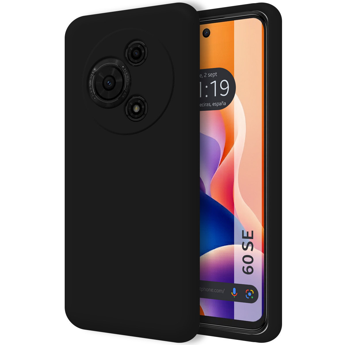 Custodia nera con telefono all'interno, che mostra uno schermo con ora, data e icone delle app. Il telefono ha più fotocamere.
