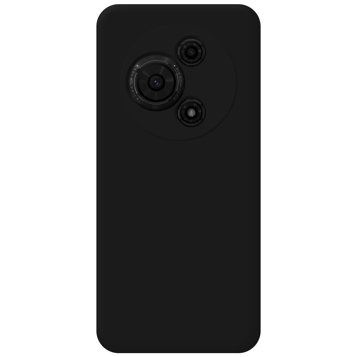 Retro di smartphone nero con lenti della fotocamera. Sono visibili tre lenti circolari. La superficie è liscia e opaca.
