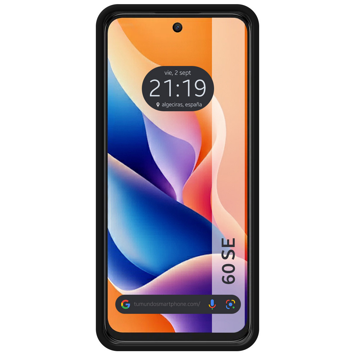 Uno schermo di smartphone mostra l'ora, la data e la posizione. Lo schermo ha uno sfondo astratto colorato. Il telefono è nero.