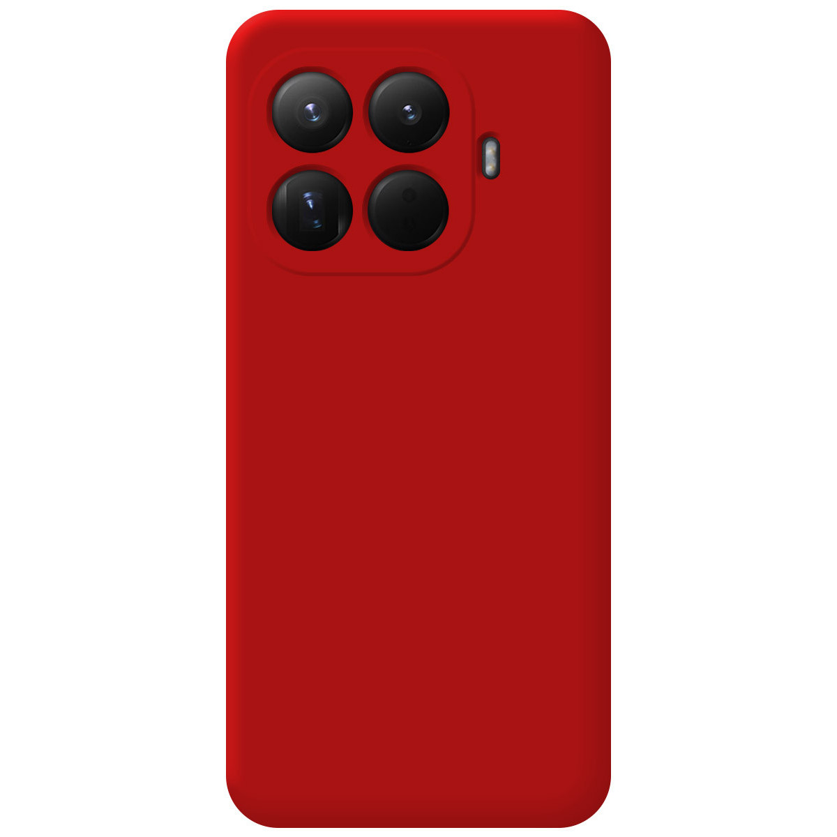 Una cover rossa con quattro lenti della fotocamera e un flash. La cover è liscia e le lenti sono nere.