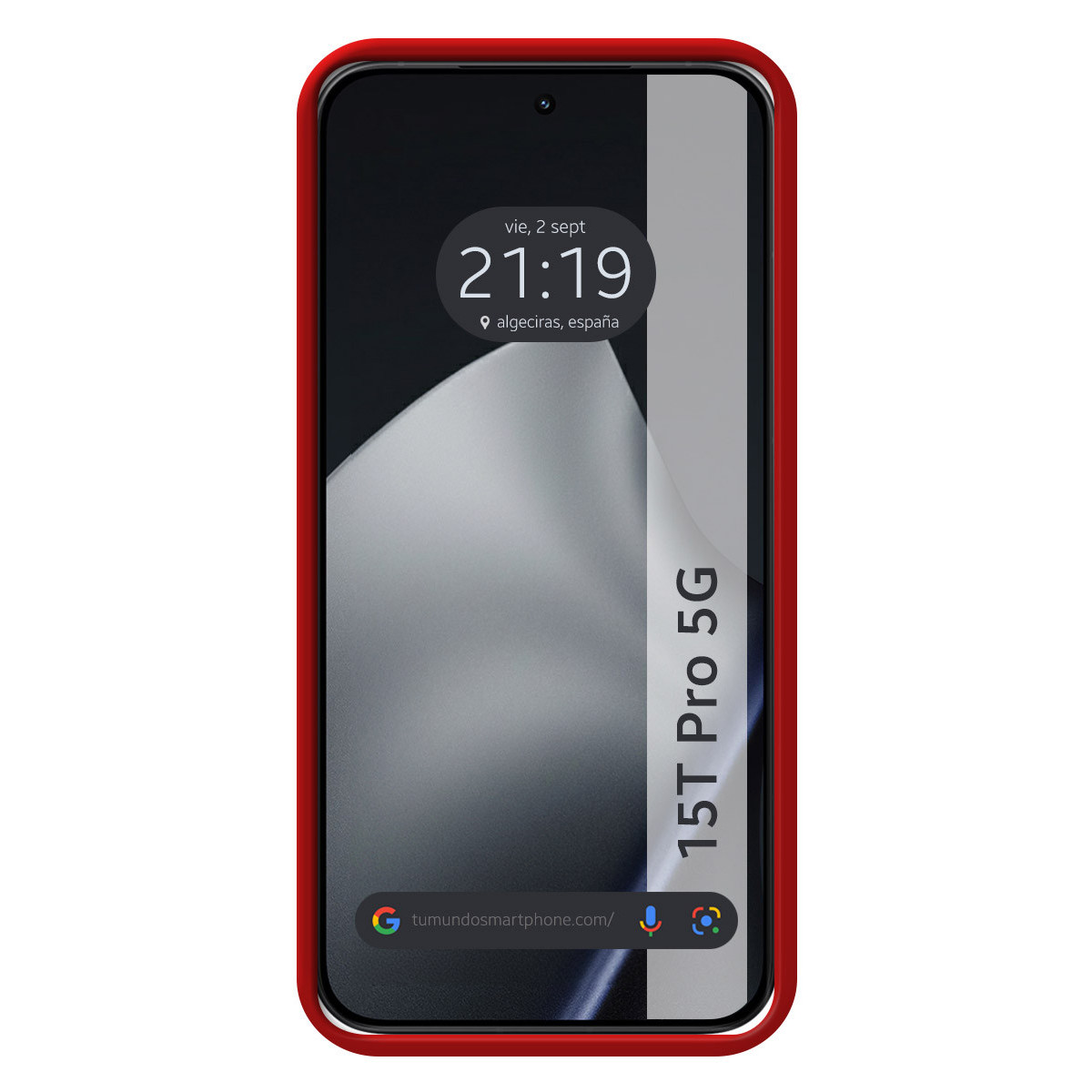 Uno smartphone con cornice rossa mostra l'ora: 21:19. Il telefono mostra un indirizzo web e '15T Pro 5G' sul lato.