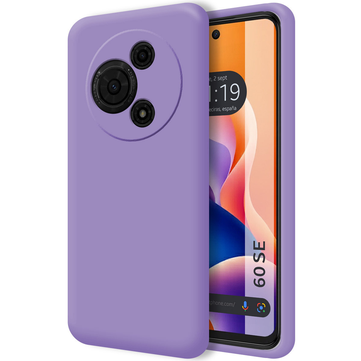 Una custodia per telefono color lavanda accanto a un telefono con lo schermo acceso. Il telefono mostra la data e l'ora. Le lenti della fotocamera sono visibili.