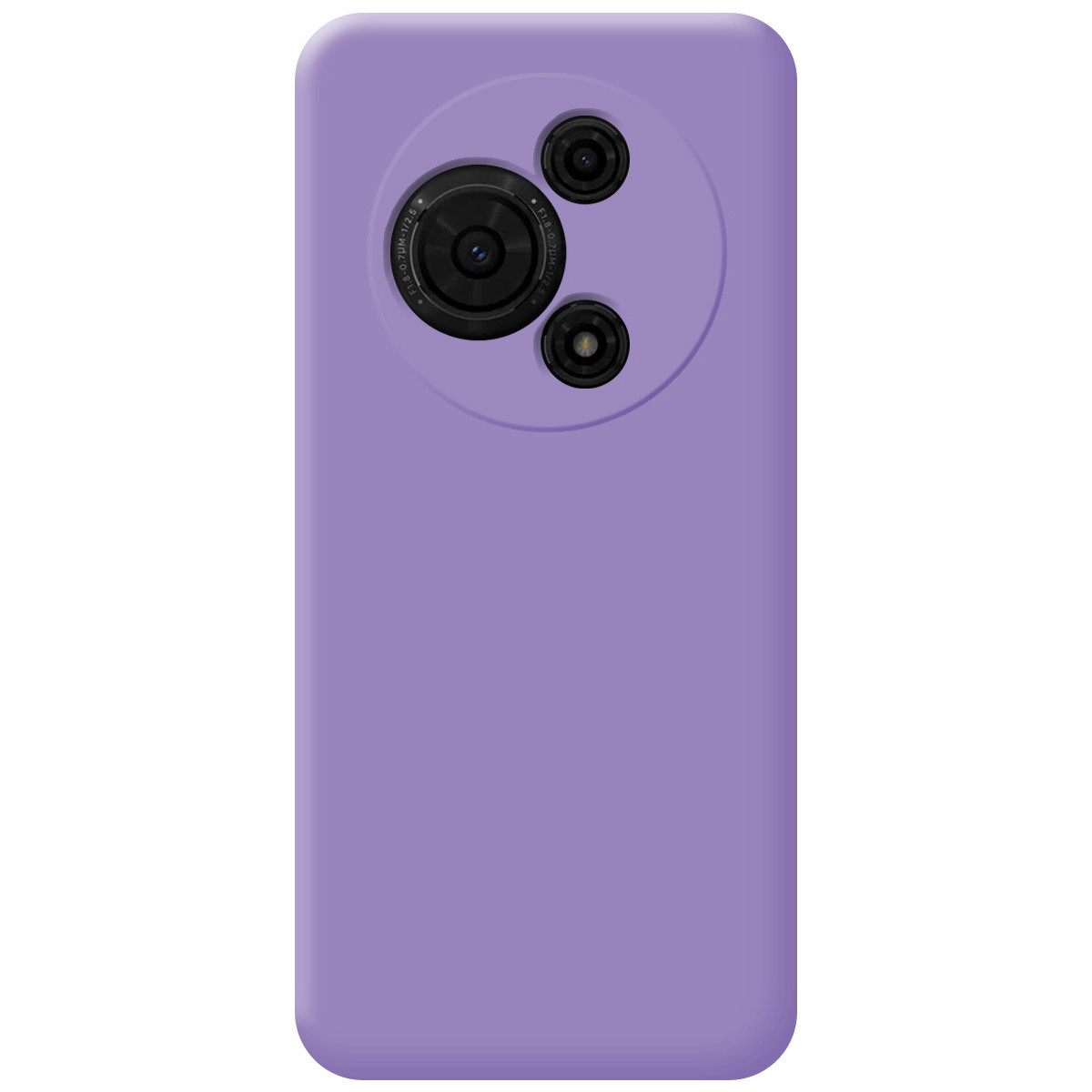 Una custodia per telefono viola con tre obiettivi. Gli obiettivi sono in un design circolare. La custodia ha bordi arrotondati.