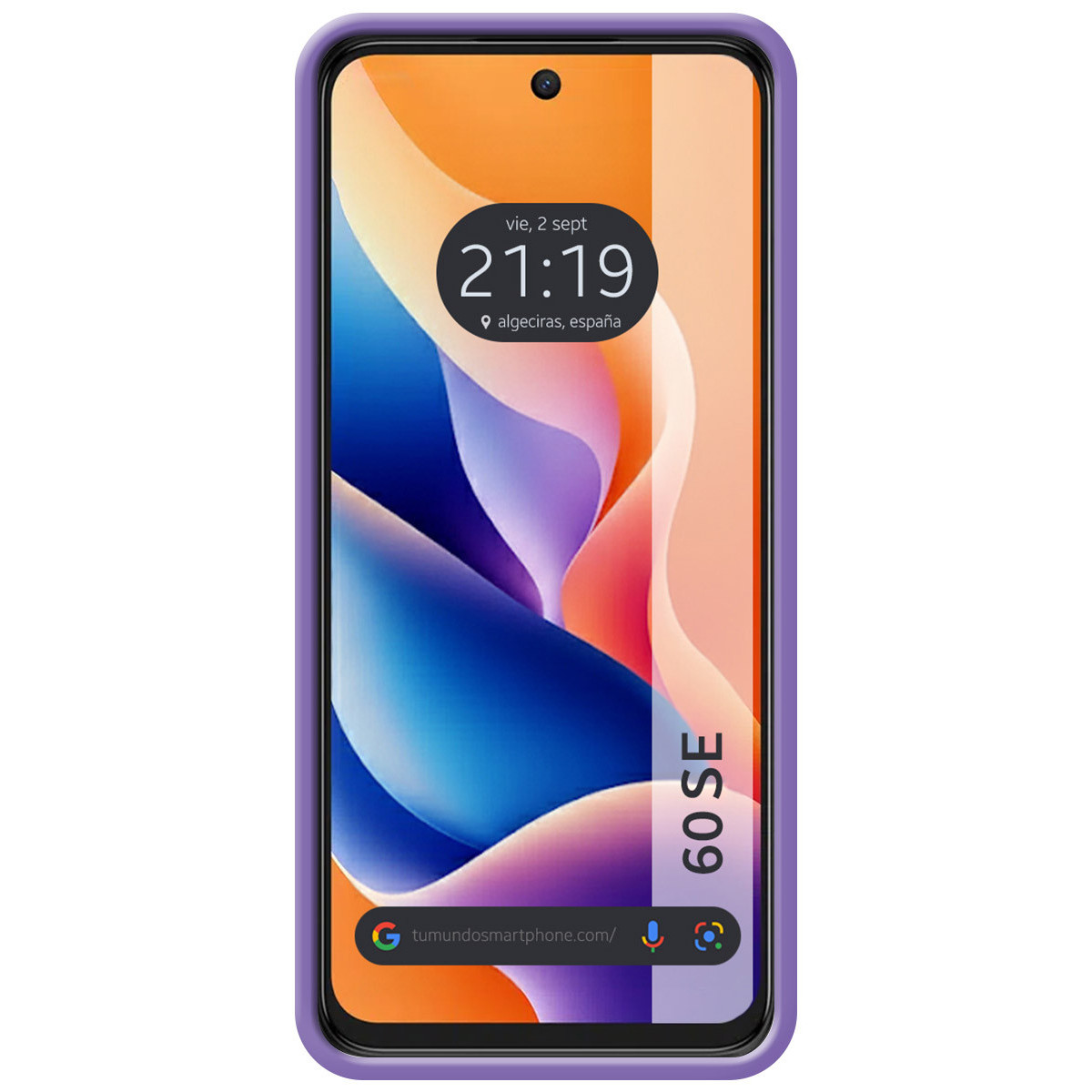 Uno smartphone con custodia viola mostra ora e data. Lo schermo ha forme astratte colorate con una barra di ricerca in basso.