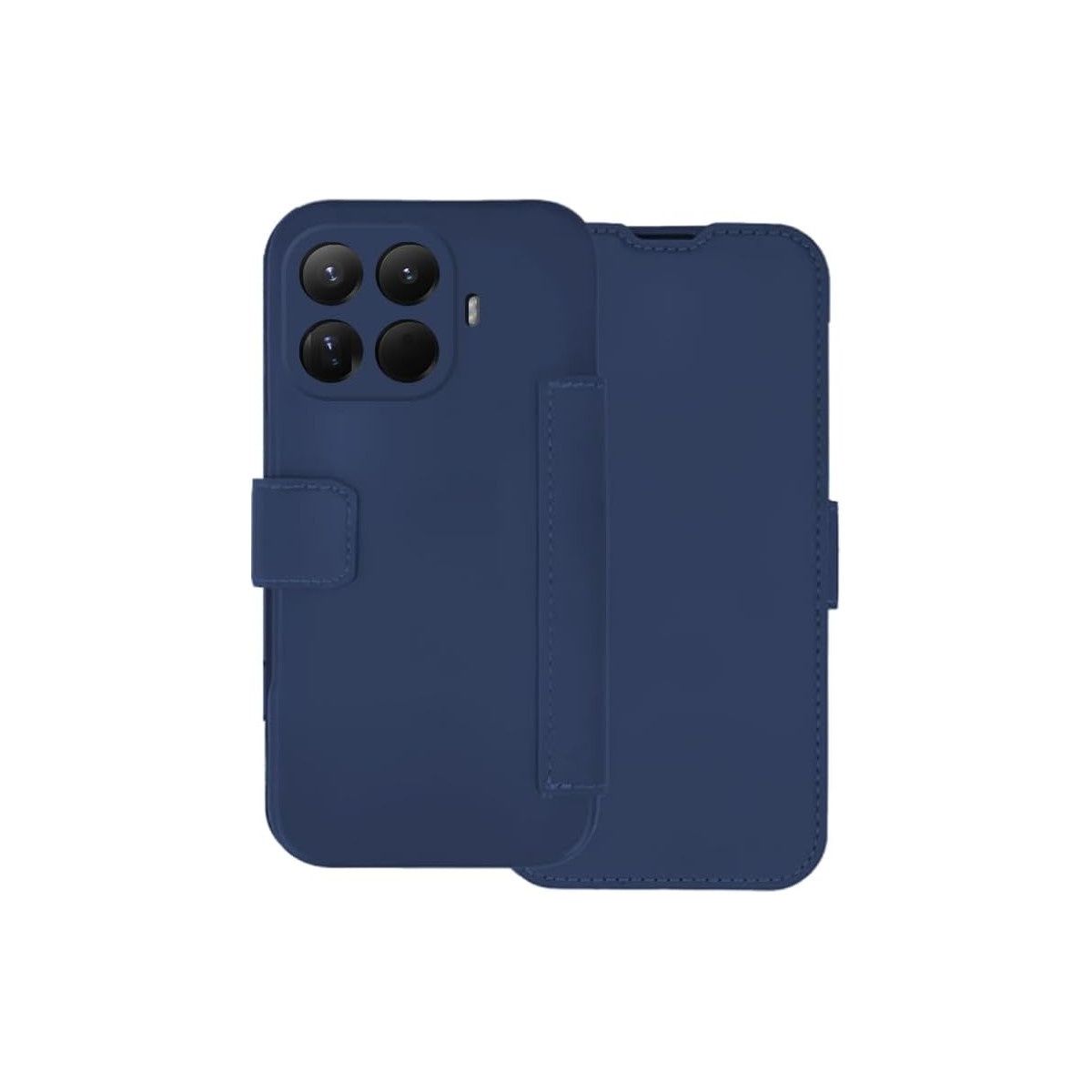 Viene mostrata una custodia blu per telefono. Ha una copertura che si ripiega sul telefono e ha una chiusura magnetica. Il telefono ha quattro obiettivi.