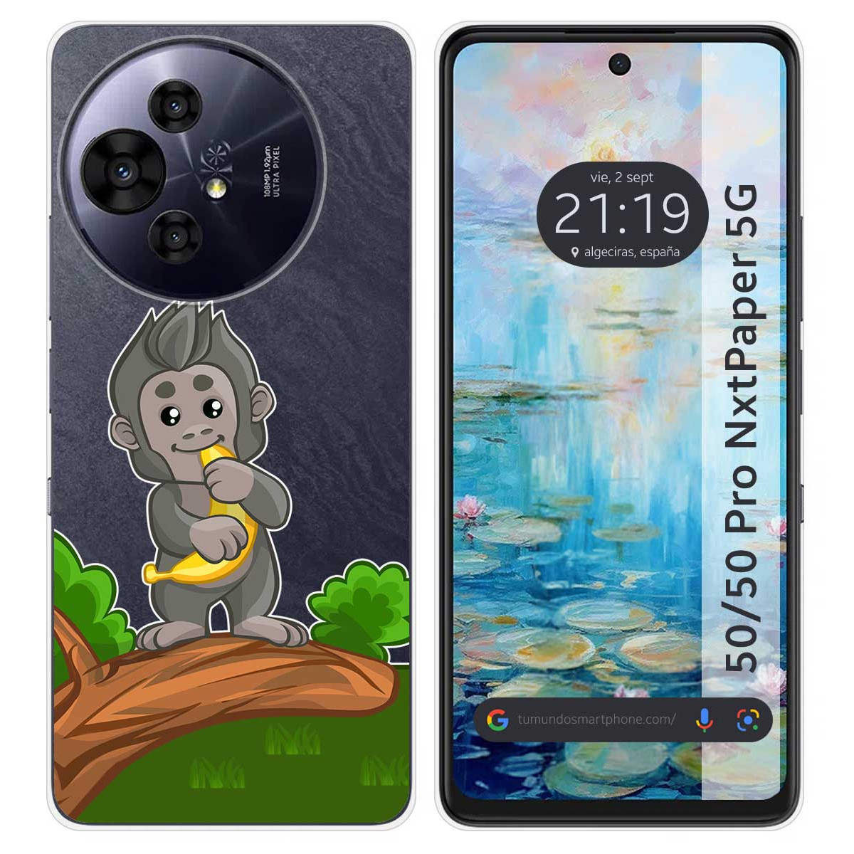Una funda de teléfono muestra un mono con un plátano. La pantalla muestra un reloj y el texto: 50/50 Pro NxtPaper 5G.