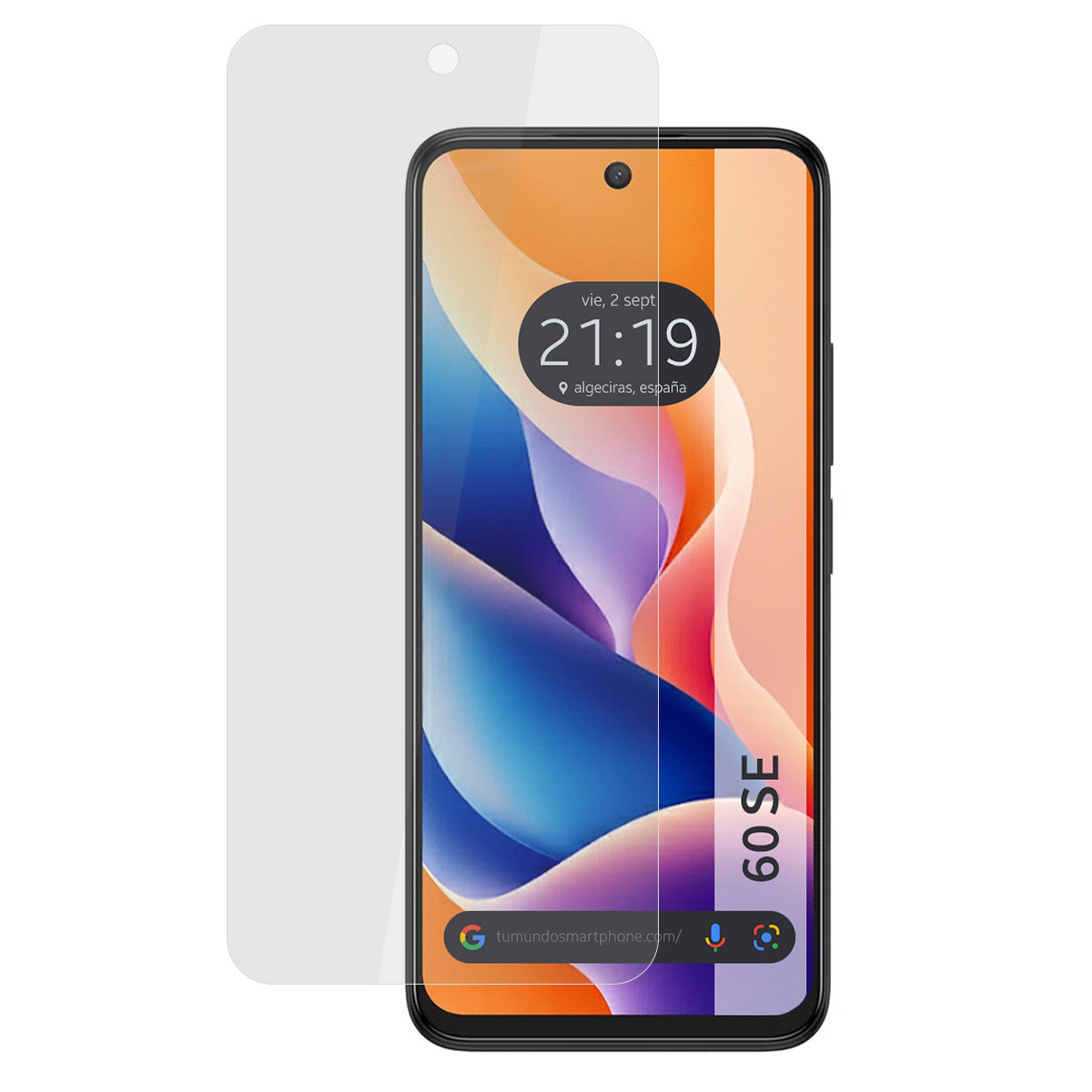 Smartphone con protezione schermo. Il telefono mostra ora, data e posizione. La protezione è trasparente. Lo sfondo è colorato.