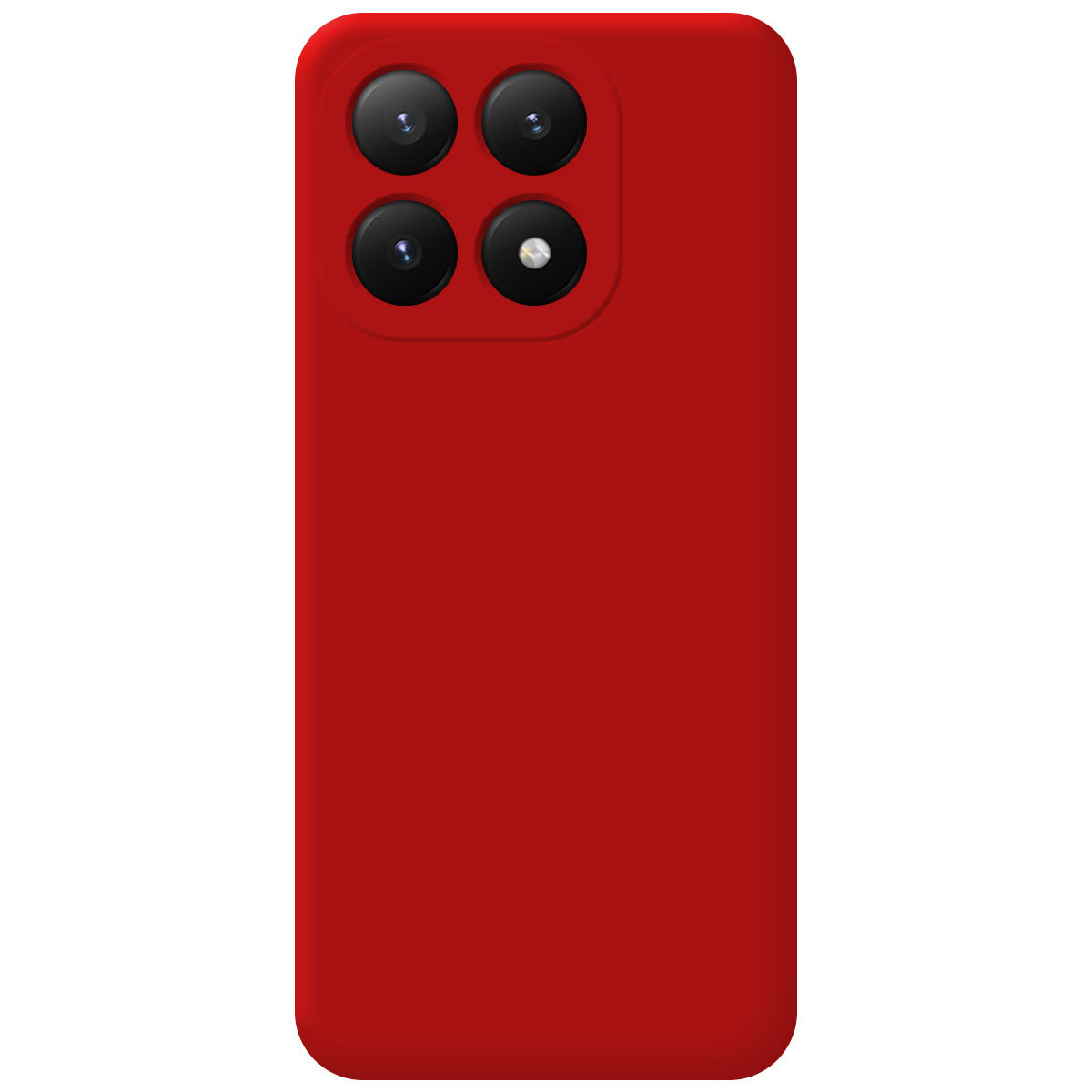 Retro di smartphone rosso con quattro obiettivi. Il telefono ha angoli arrotondati e una superficie rossa liscia.
