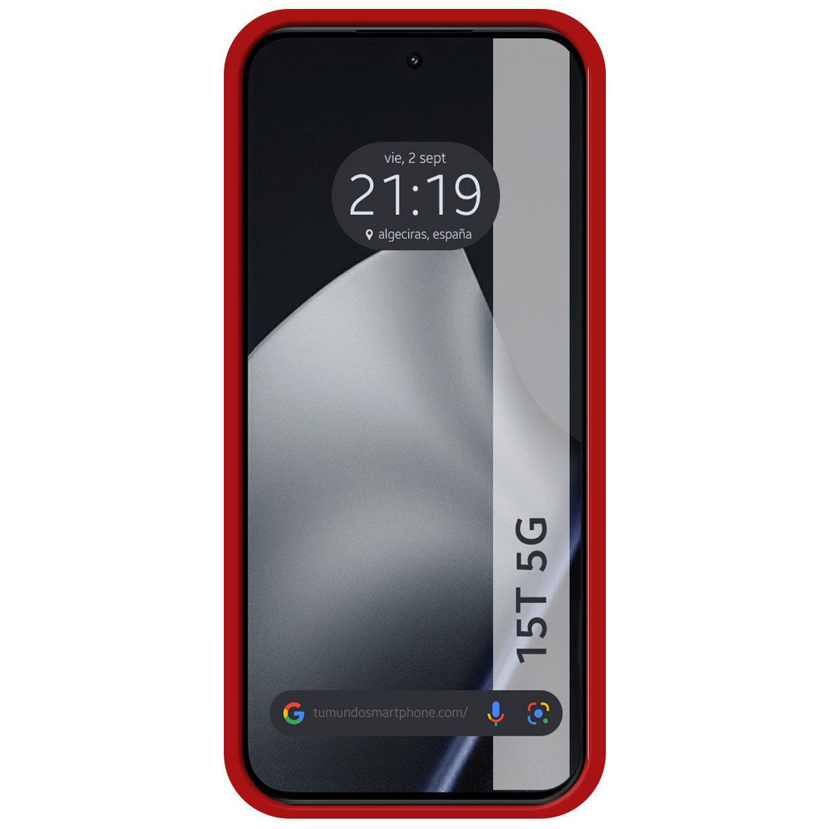 Uno smartphone con cornice rossa, che mostra l'ora, la data e il luogo. Lo schermo mostra un sito web e il testo '15T 5G'.