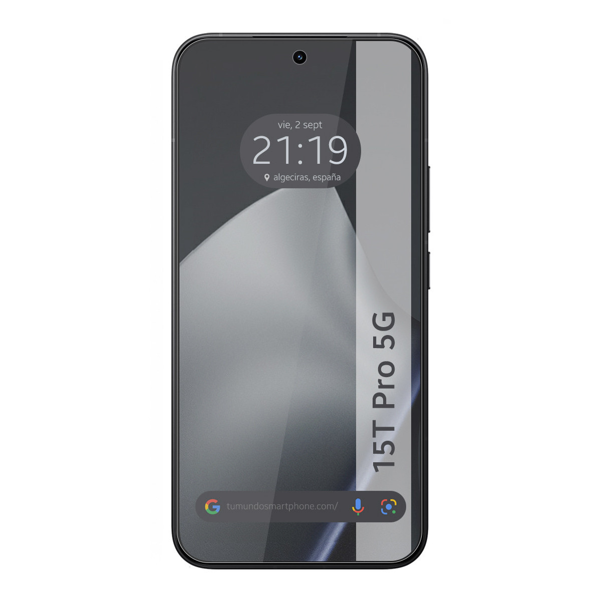 Lo schermo di uno smartphone mostra l'ora: 21:19 e la posizione: Algeciras, Spagna. Il modello del telefono è 15T Pro 5G.