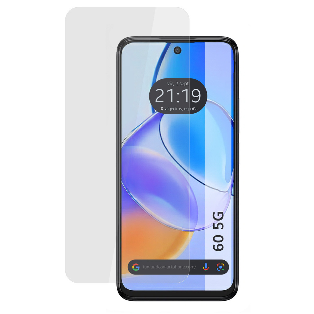 Uno smartphone con una protezione per lo schermo. Lo schermo mostra l'ora, la posizione e l'indirizzo del sito web. Il telefono è etichettato 60 5G.