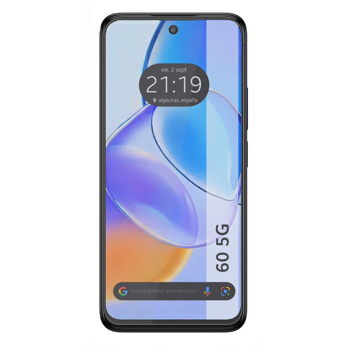 Uno smartphone mostra l'ora 21:19. Il telefono ha una cornice nera e uno schermo con un design blu e viola. Il testo 60 5G è visibile.