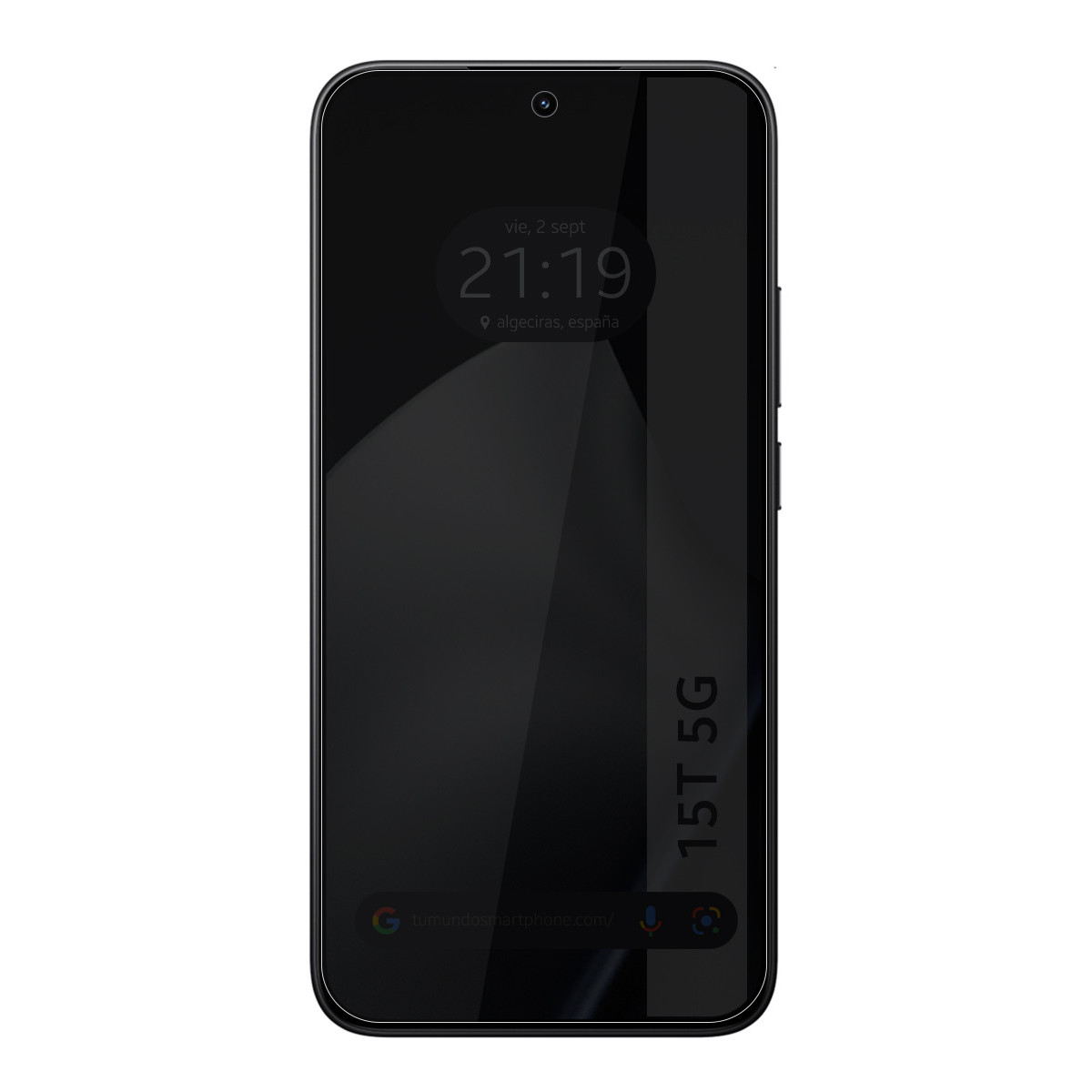 Uno smartphone nero mostra l'ora e la data. Il testo "15T 5G" è verticalmente a destra. Lo schermo riflette la luce.
