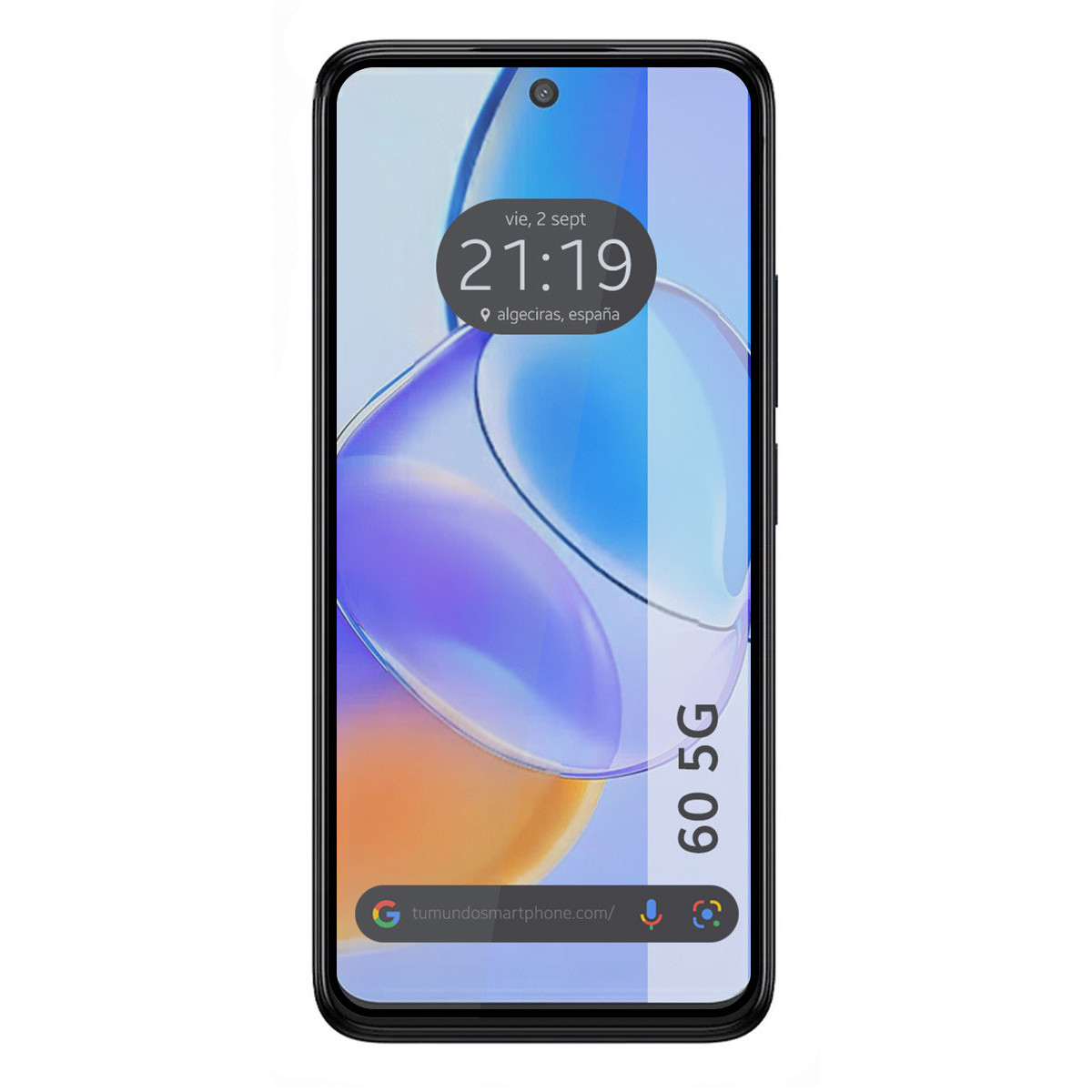 Uno smartphone mostra una schermata di blocco con ora, data e posizione. Lo schermo ha uno sfondo astratto blu e viola.