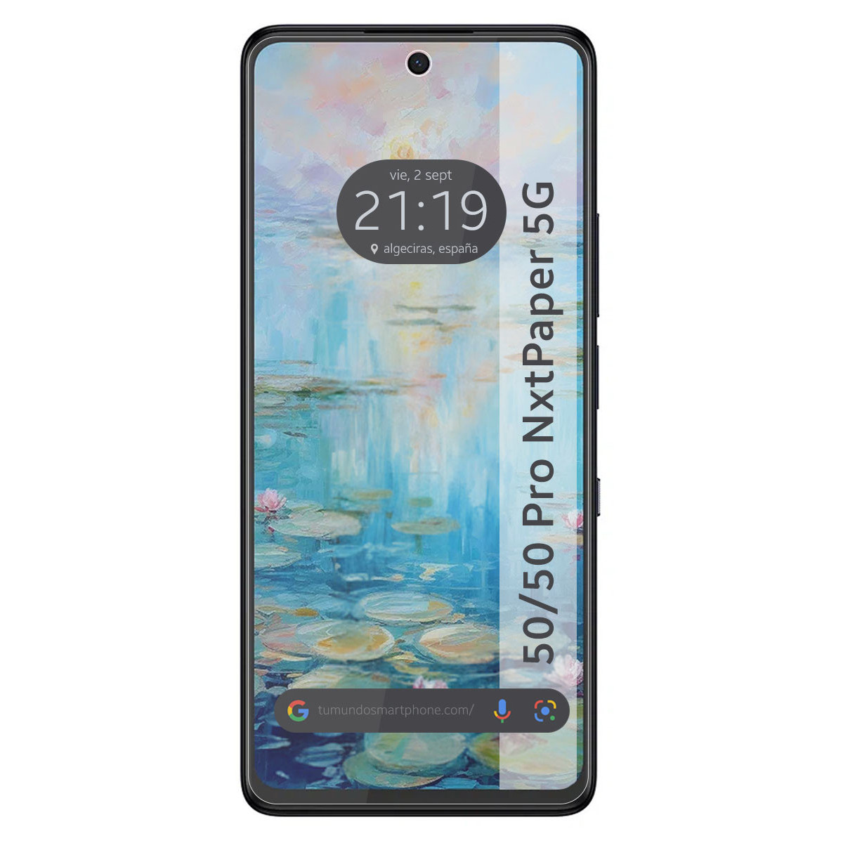 Schermo smartphone con dipinto stile Monet, orologio, data, luogo e etichetta 5G.