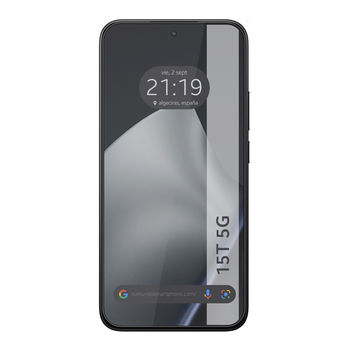 Uno smartphone nero mostra ora, data e 15T 5G. Lo schermo mostra uno sfondo grigio con una barra di ricerca in basso.
