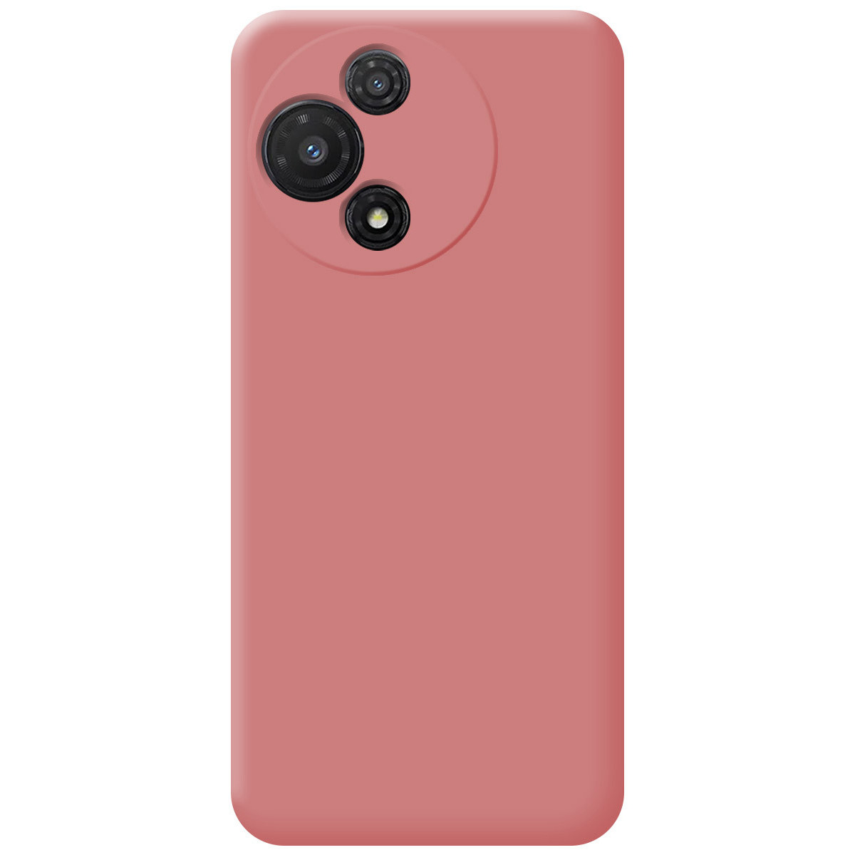 Una custodia rosa per telefono con tre obiettivi della fotocamera in alto a sinistra. La custodia è di colore rosa opaco pieno. Lo sfondo è bianco.