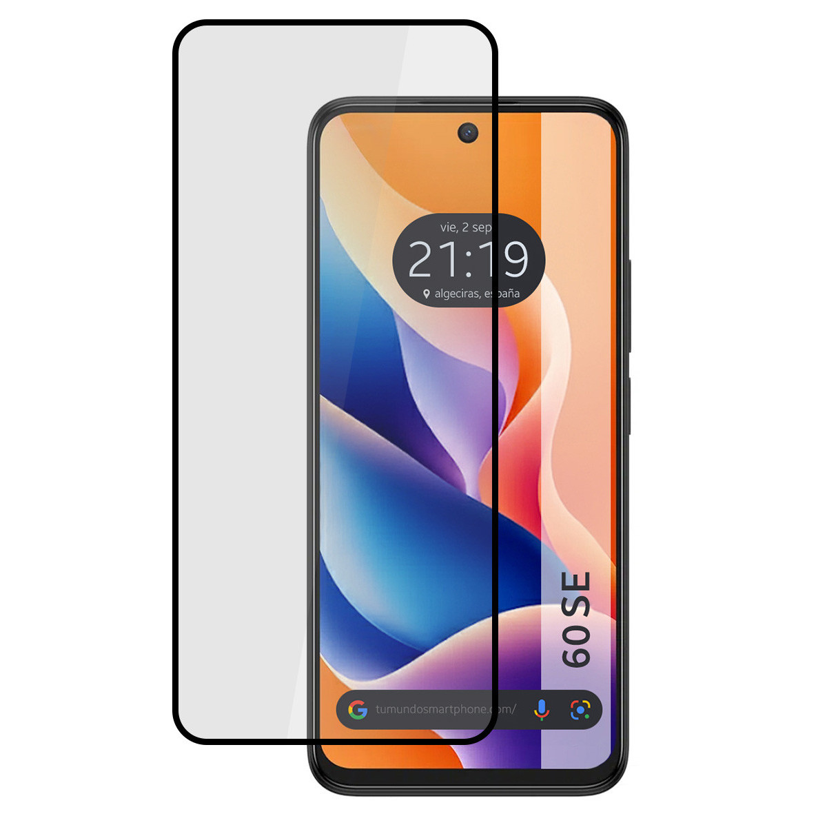 Pellicola protettiva per smartphone. Uno smartphone mostra l'ora ed è accanto alla protezione. Lo sfondo è arancione e blu.