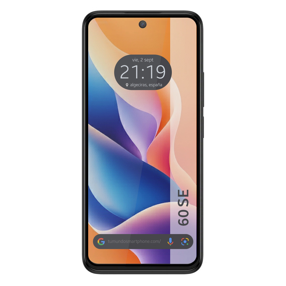 Uno smartphone mostra l'ora, la data e la posizione sullo schermo. Il telefono ha una cornice nera e uno sfondo astratto colorato.