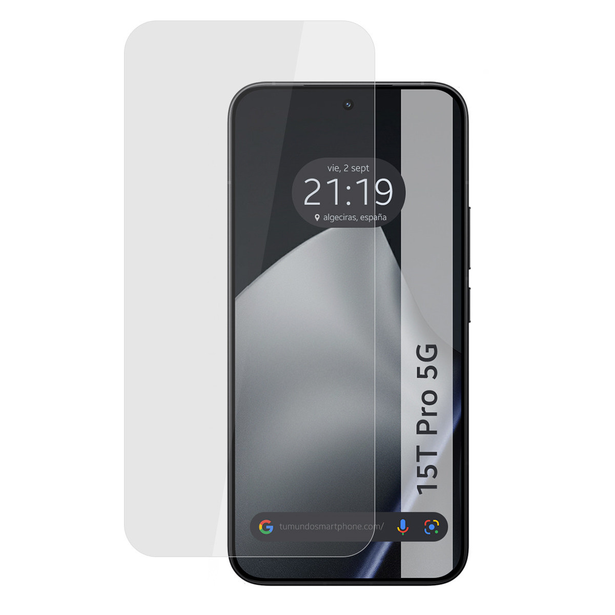 Uno smartphone con protezione schermo. Lo schermo mostra l'ora, la data e un indirizzo web. Testo: '15T Pro 5G'.