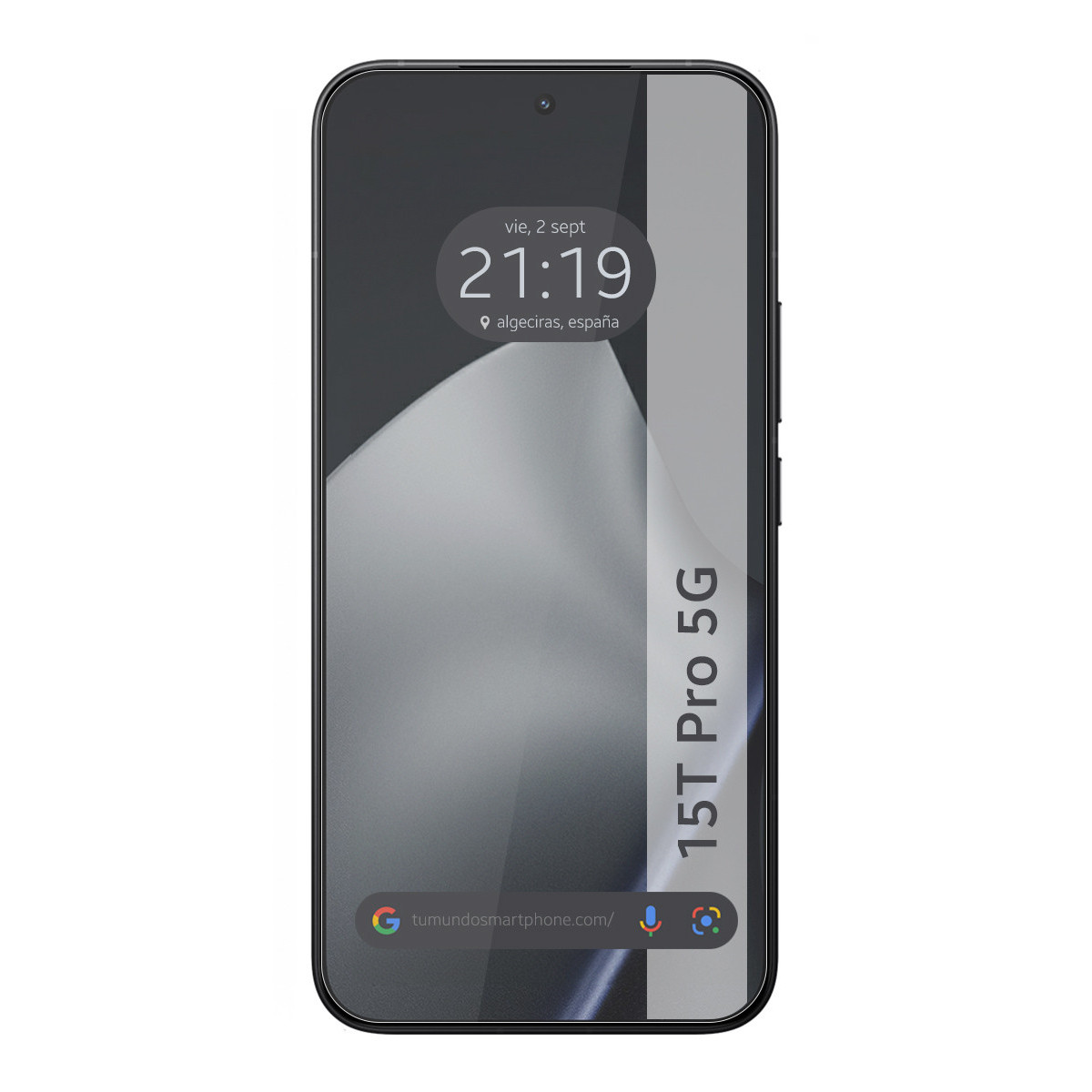 Uno schermo di smartphone mostra ora e posizione. Il telefono è nero, con una striscia bianca. 15T Pro 5G è scritto sul lato.