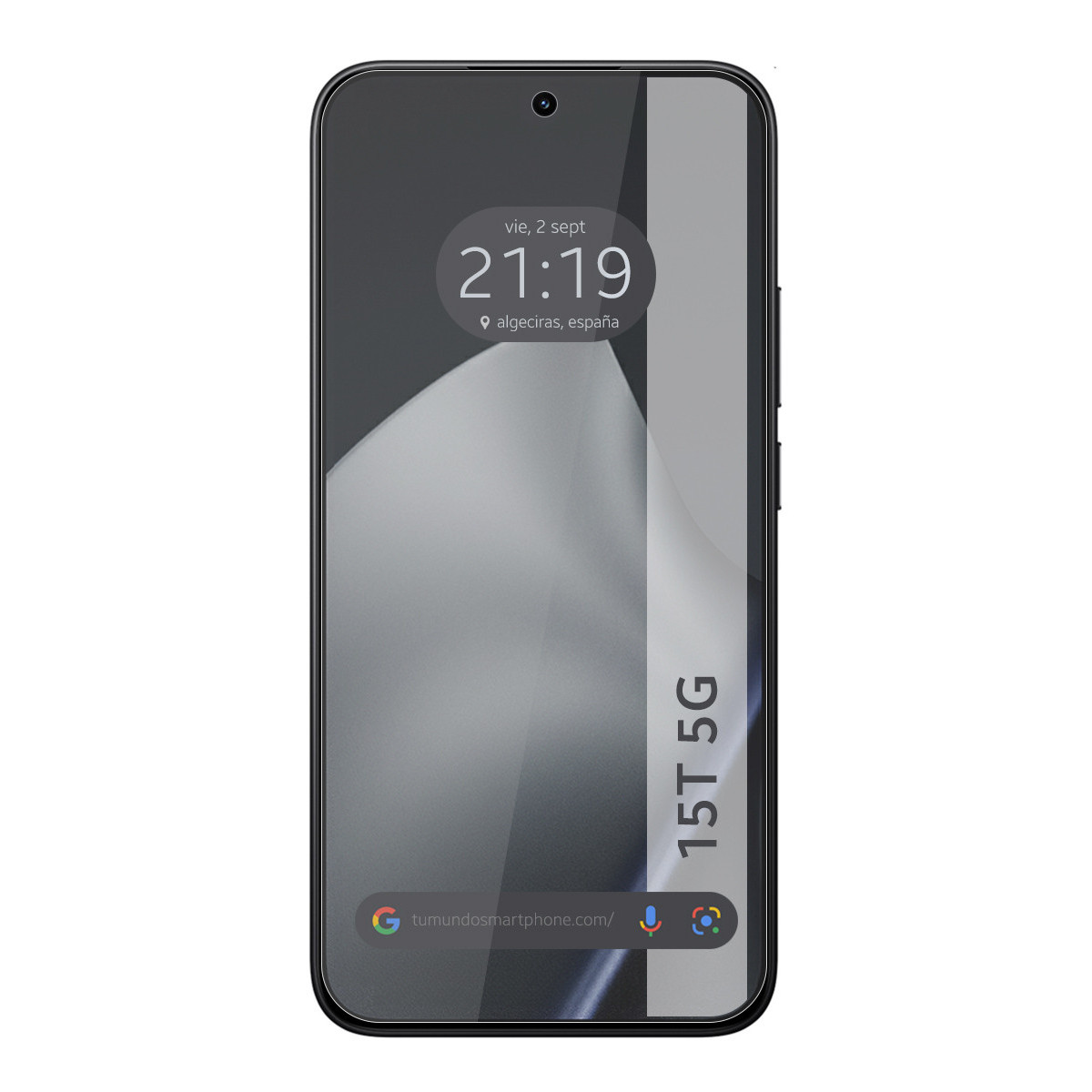 Schermo di smartphone che mostra ora, data e indirizzo web. Il telefono è nero e riporta la scritta '15T 5G'.