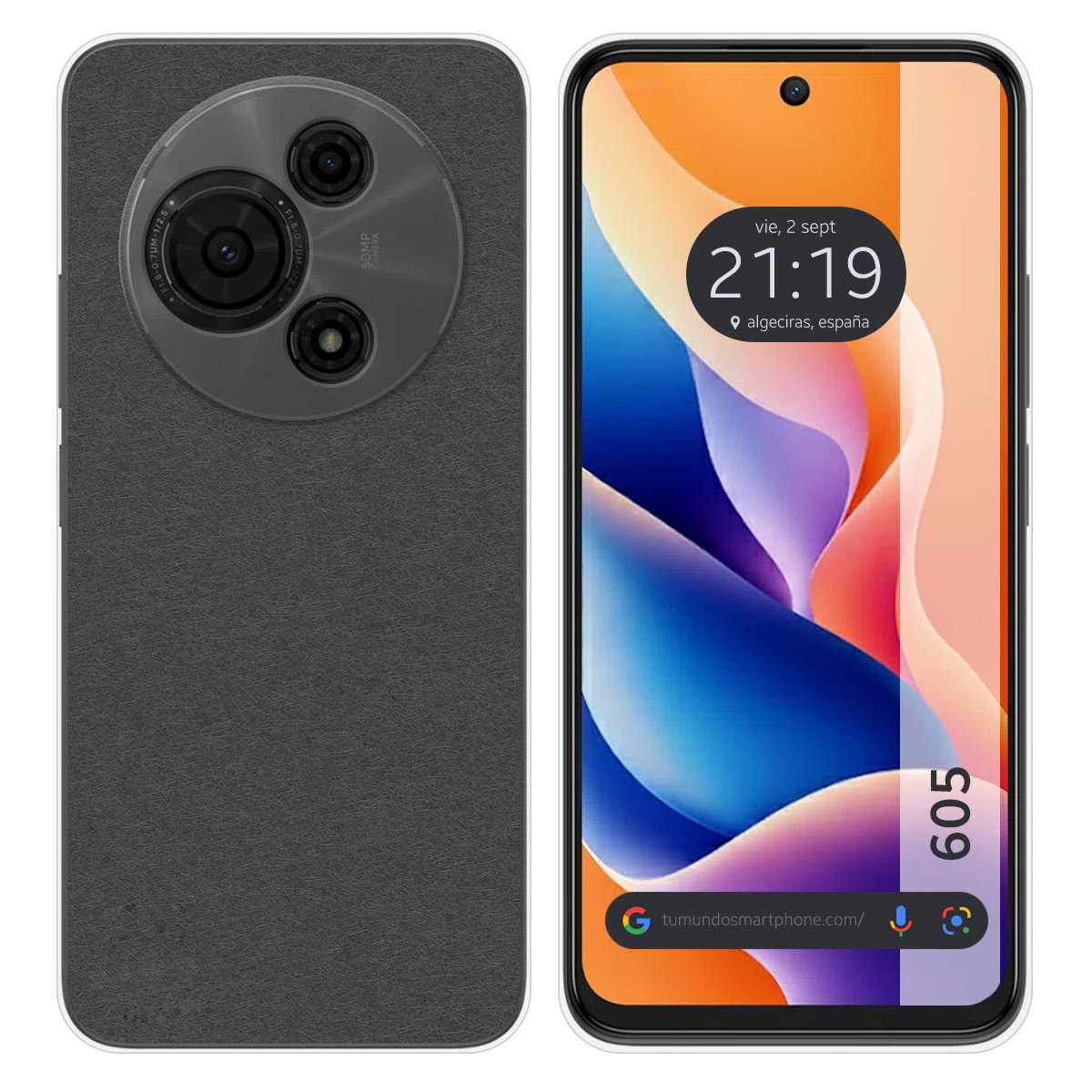 Uno smartphone con retro grigio scuro e schermo che mostra ora e luogo. Il retro ha un modulo fotocamera.