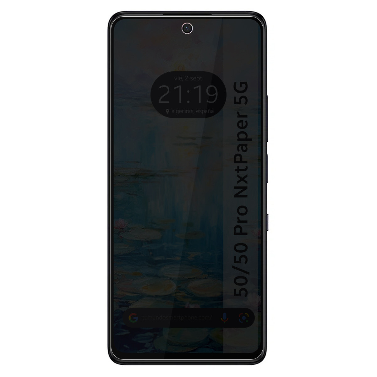 Lo schermo dello smartphone mostra una scena di stagno. L'ora è 21:19, Algeciras, Spagna. Il telefono è 50/50 Pro NxtPaper 5G.
