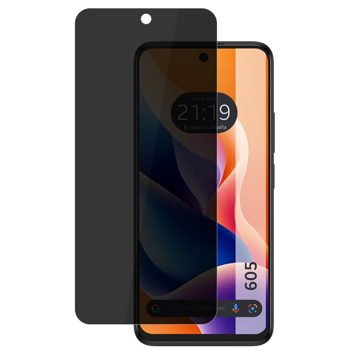 Smartphone con protector de pantalla. El teléfono muestra la hora y la fecha. El protector es gris oscuro, la pantalla muestra un fondo colorido.