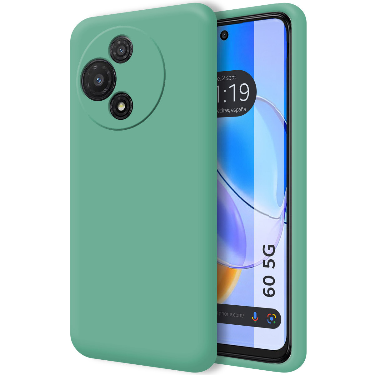 Una custodia verde menta con un telefono dentro. Lo schermo mostra l'ora e un logo 60 5G. Tre lenti della fotocamera sono visibili.
