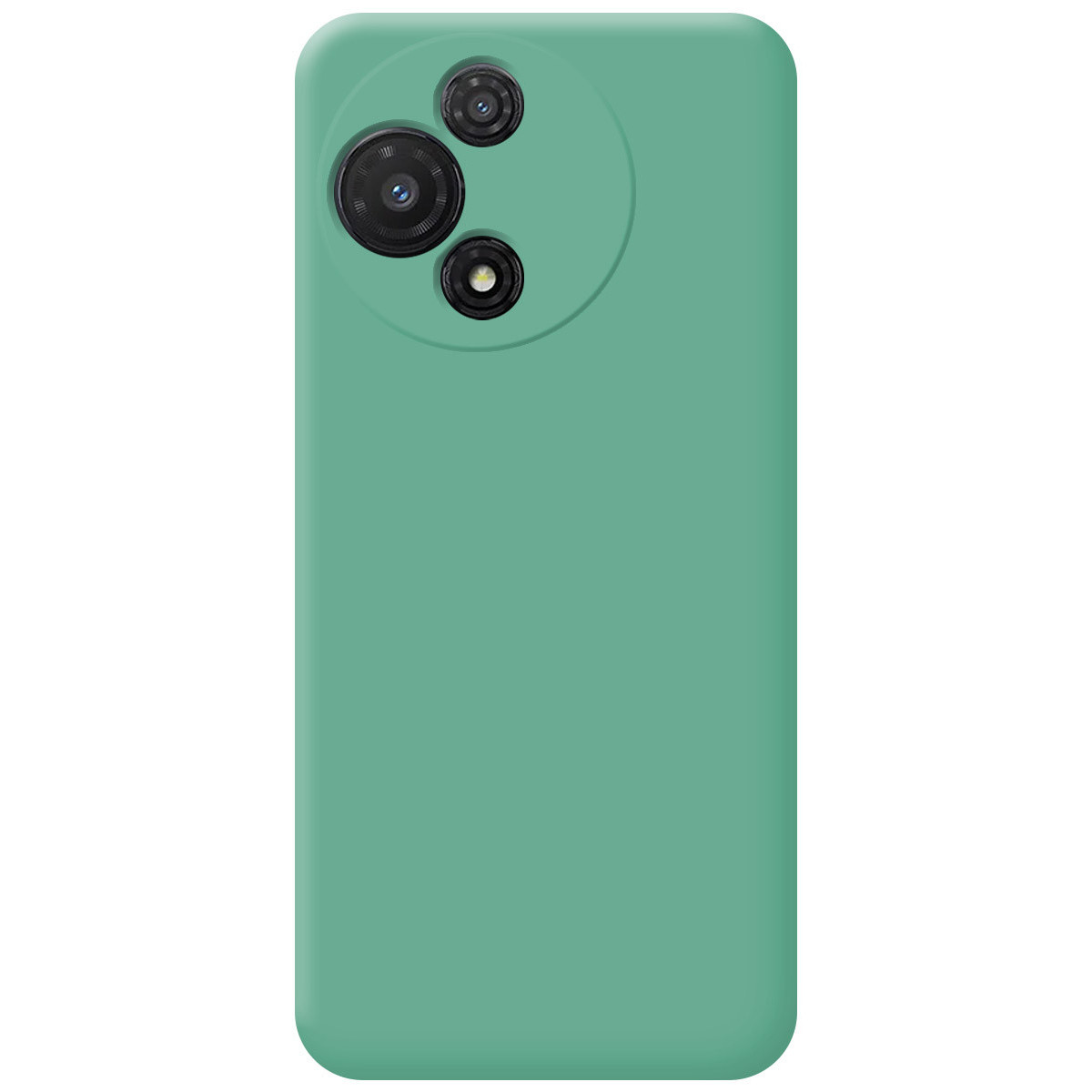 Una custodia per telefono verde acqua con tre obiettivi della fotocamera disposti verticalmente in un design circolare. Lo sfondo è bianco.