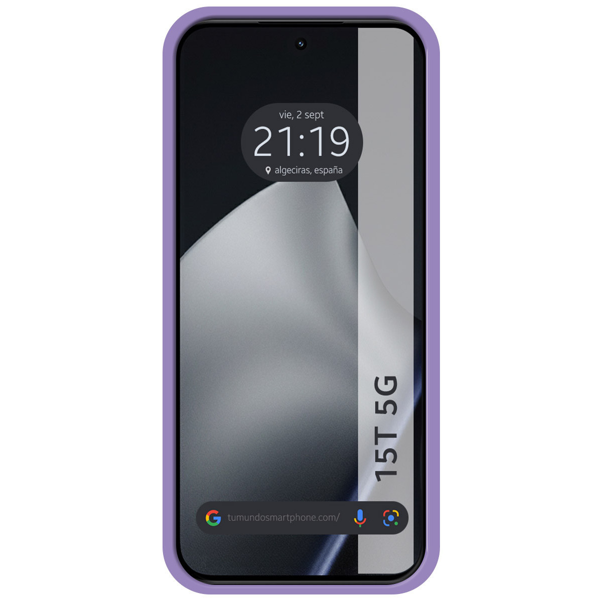 Uno smartphone con custodia viola mostra un orologio che segna le 21:19 e la città di Algeciras, Spagna. Il telefono è 15T 5G.