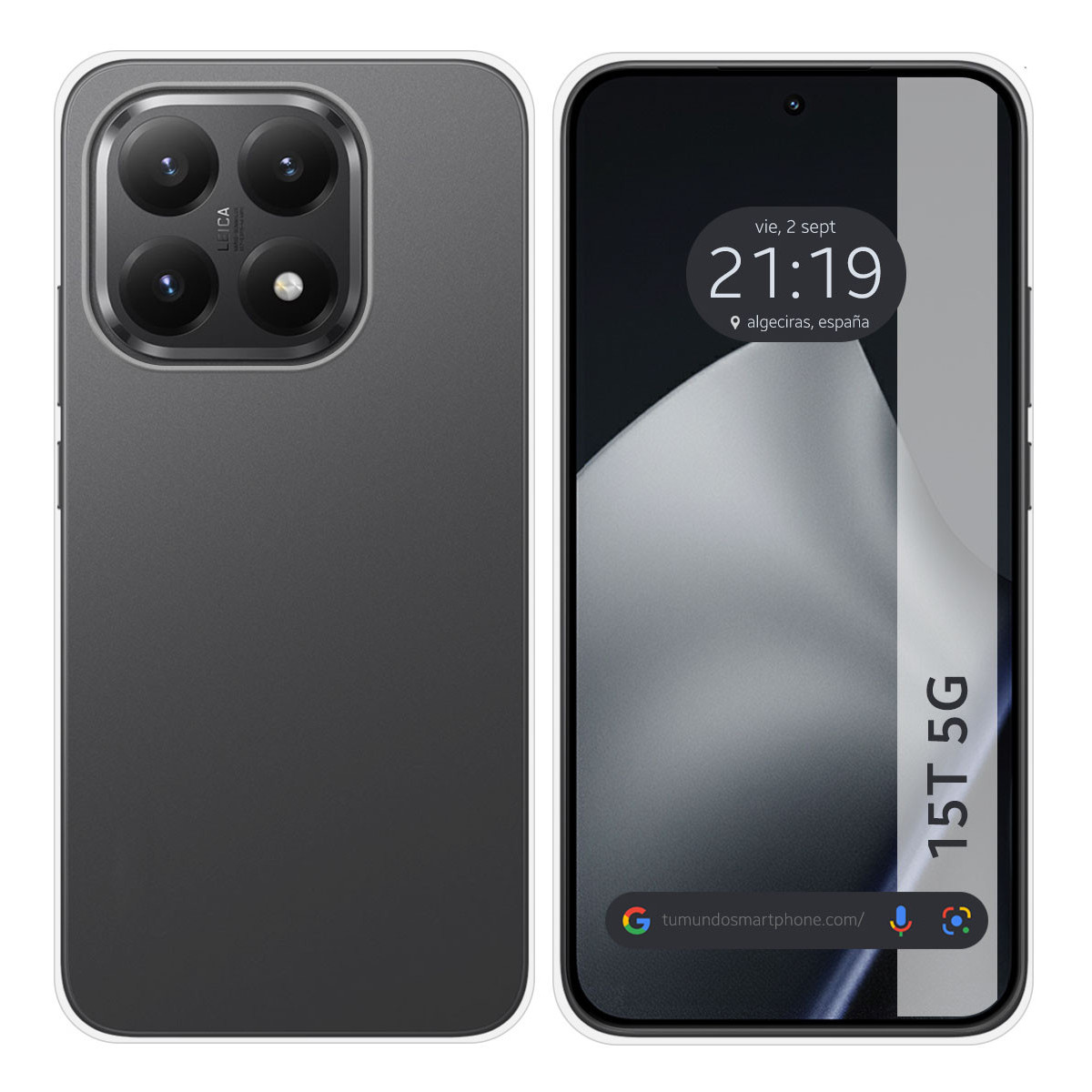 Un smartphone con la parte trasera gris oscuro y pantalla mostrando hora y ubicación. La trasera tiene lentes de cámara. La pantalla muestra 21:19, y ubicación.