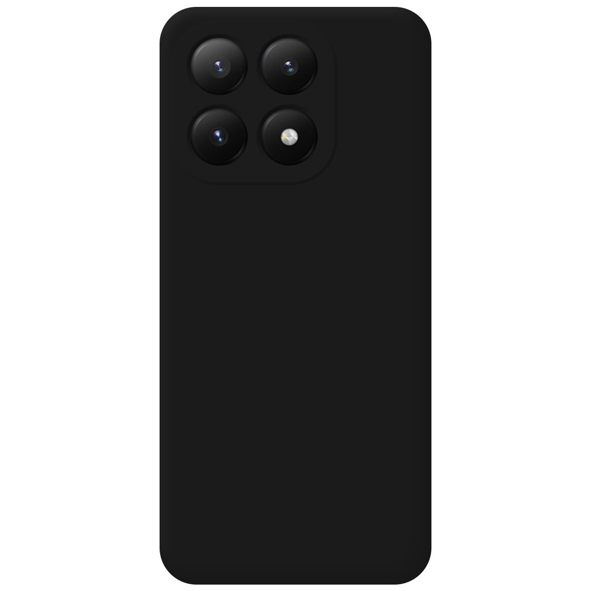 Retro di smartphone nero con quattro obiettivi e un flash. Il telefono è rettangolare con angoli arrotondati.