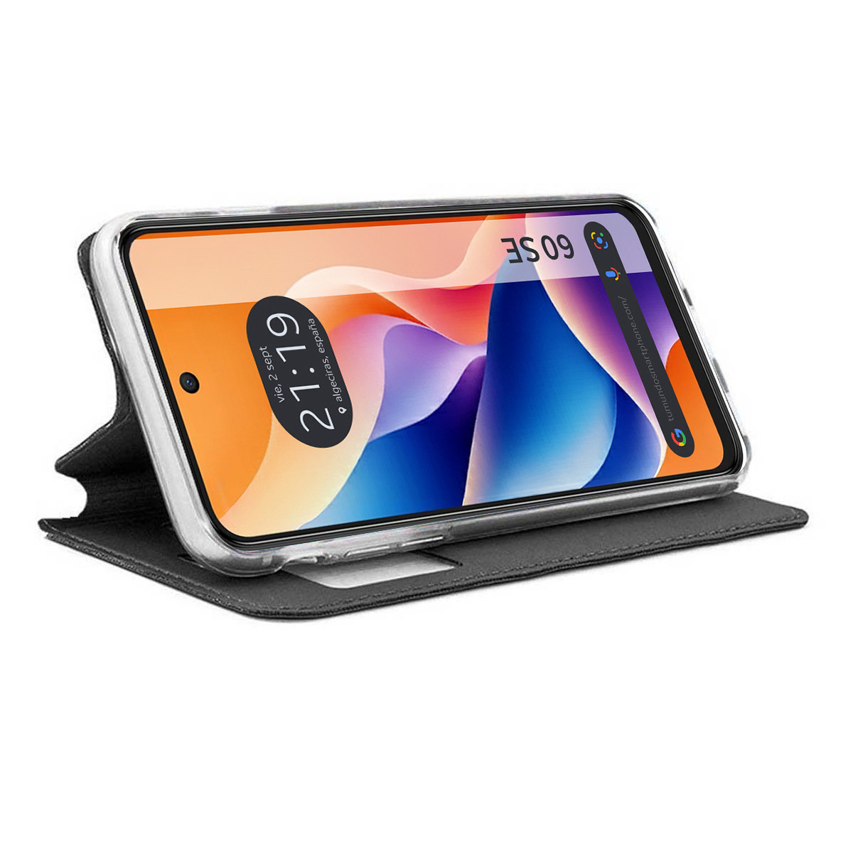 Uno smartphone che mostra l'ora 21:19, racchiuso in una custodia nera. Lo schermo mostra uno sfondo astratto e colorato.